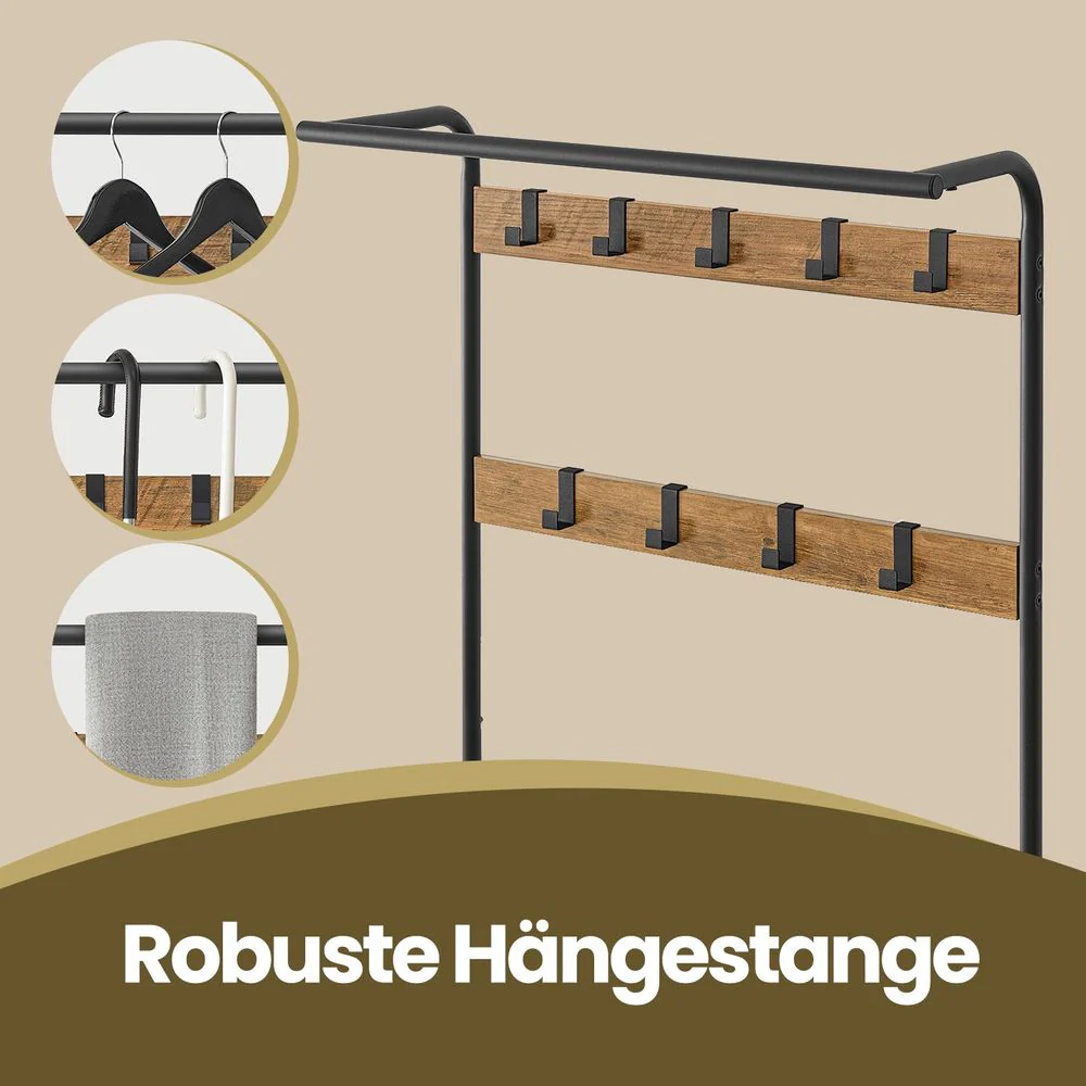 4-in-1 Garderoberek met Kapstok, Kledingstang, Zitbank en Schoenenrek – Industriële Stijl, Stevig Staal en Hout - Image 8