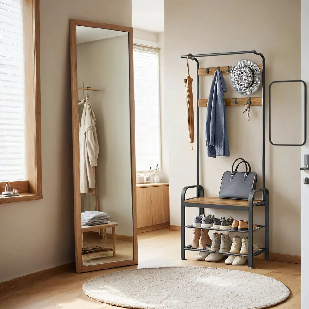 4-in-1 Garderoberek met Kapstok, Kledingstang, Zitbank en Schoenenrek – Industriële Stijl, Stevig Staal en Hout - Image 9