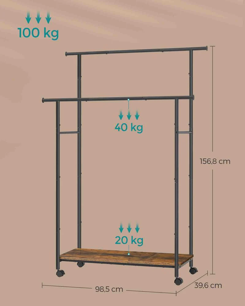 Dubbel Kledingrek op Wielen – Industrieel Kledingrek met Schoenenplank – 100 kg Draagvermogen - Image 8