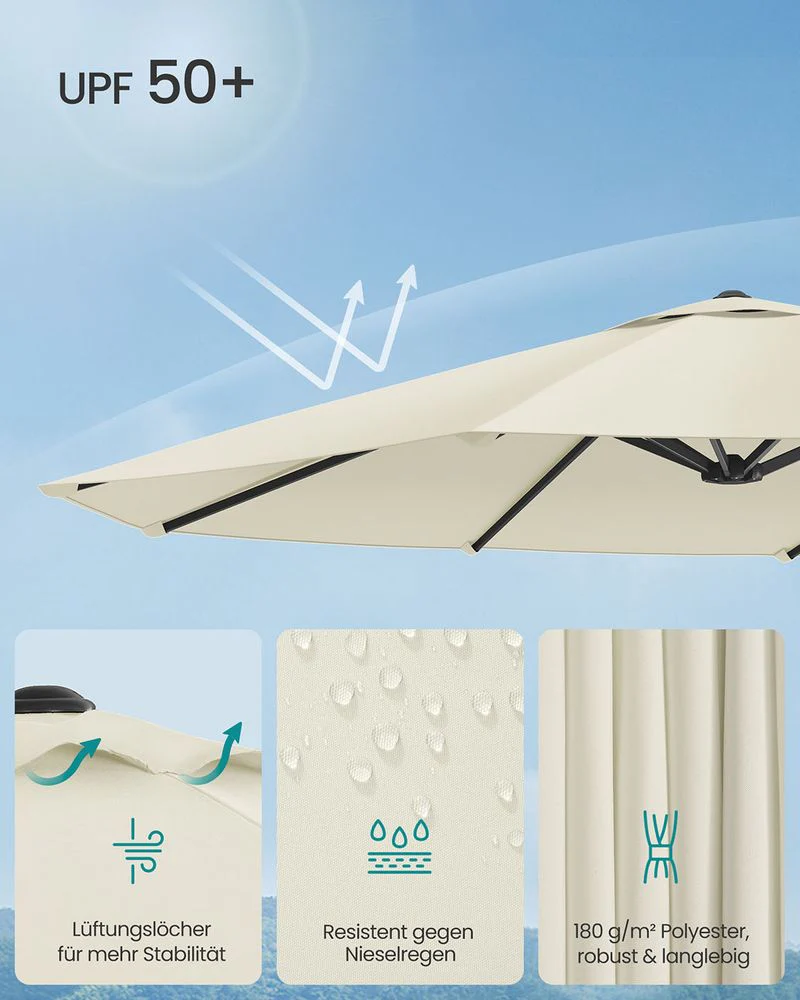 Dubbele Parasol 394 x 200 cm – UV-bescherming UPF 50+ – Met Kurkelslinger – Beige of Grijs - Image 7