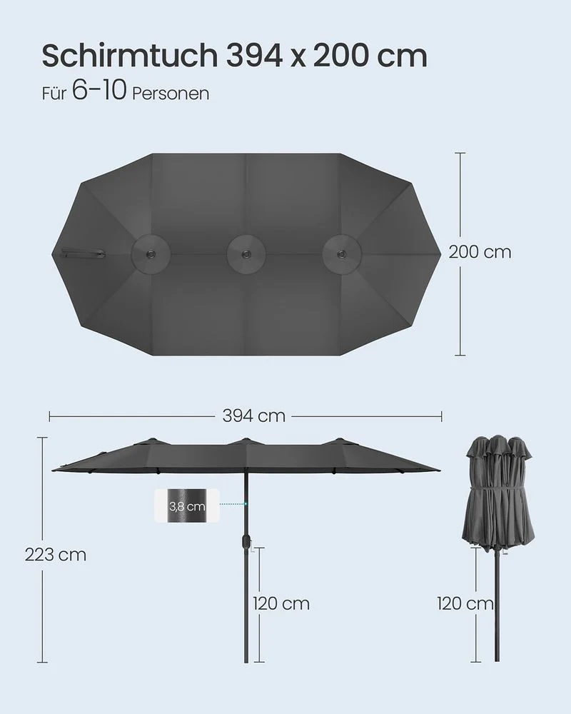 Dubbele Parasol 394 x 200 cm – UV-bescherming UPF 50+ – Met Kurkelslinger – Beige of Grijs - Image 9