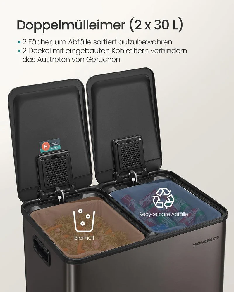 Dubbele Prullenbak 2 x 30L – Staal – Met Pedalen & Uitneembare Binnenemmers - Image 5