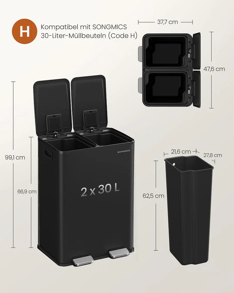 Dubbele Prullenbak 2 x 30L – Staal – Met Pedalen & Uitneembare Binnenemmers - Image 9