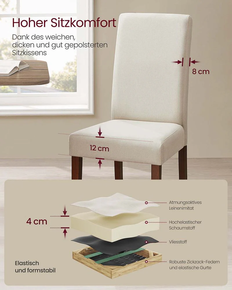 Eetkamerstoelen Set van 2 – Gestoffeerde Zitting – Houten Poten – Ergonomische Rugleuning – Klassiek Design - Image 5