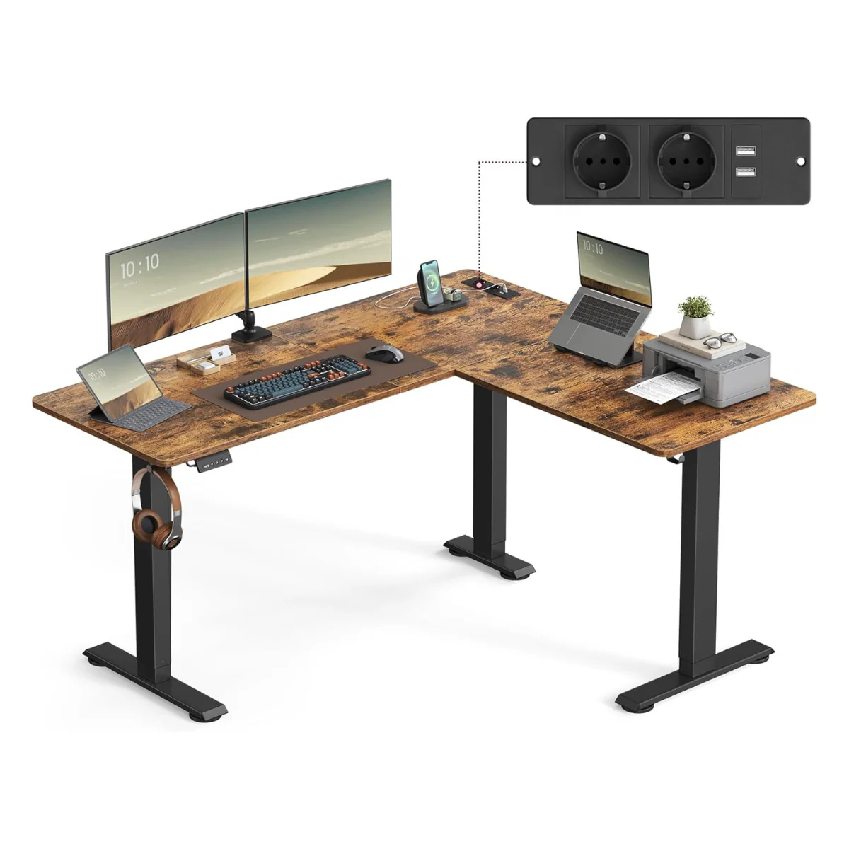 Elektrisch Verstelbaar Hoekbureau – L-Vormig – 140 x 160 cm – Ingebouwde Stopcontact en USB – Geheugenfunctie – 72-120 cm Hoogte