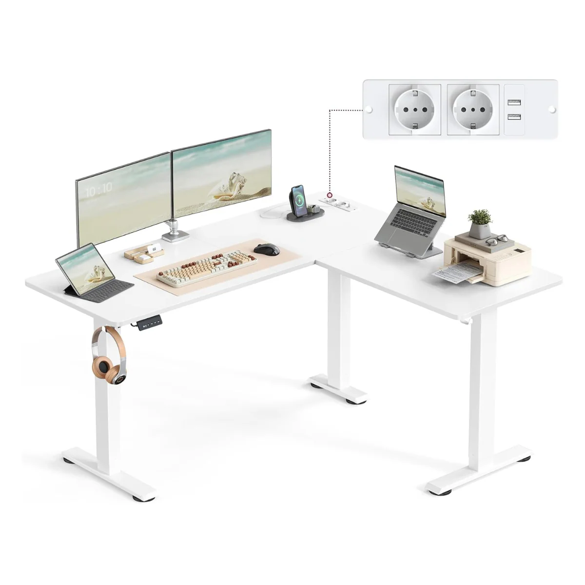 Elektrisch Verstelbaar Hoekbureau – L-Vormig – 140 x 160 cm – Ingebouwde Stopcontact en USB – Geheugenfunctie – 72-120 cm Hoogte - Image 2