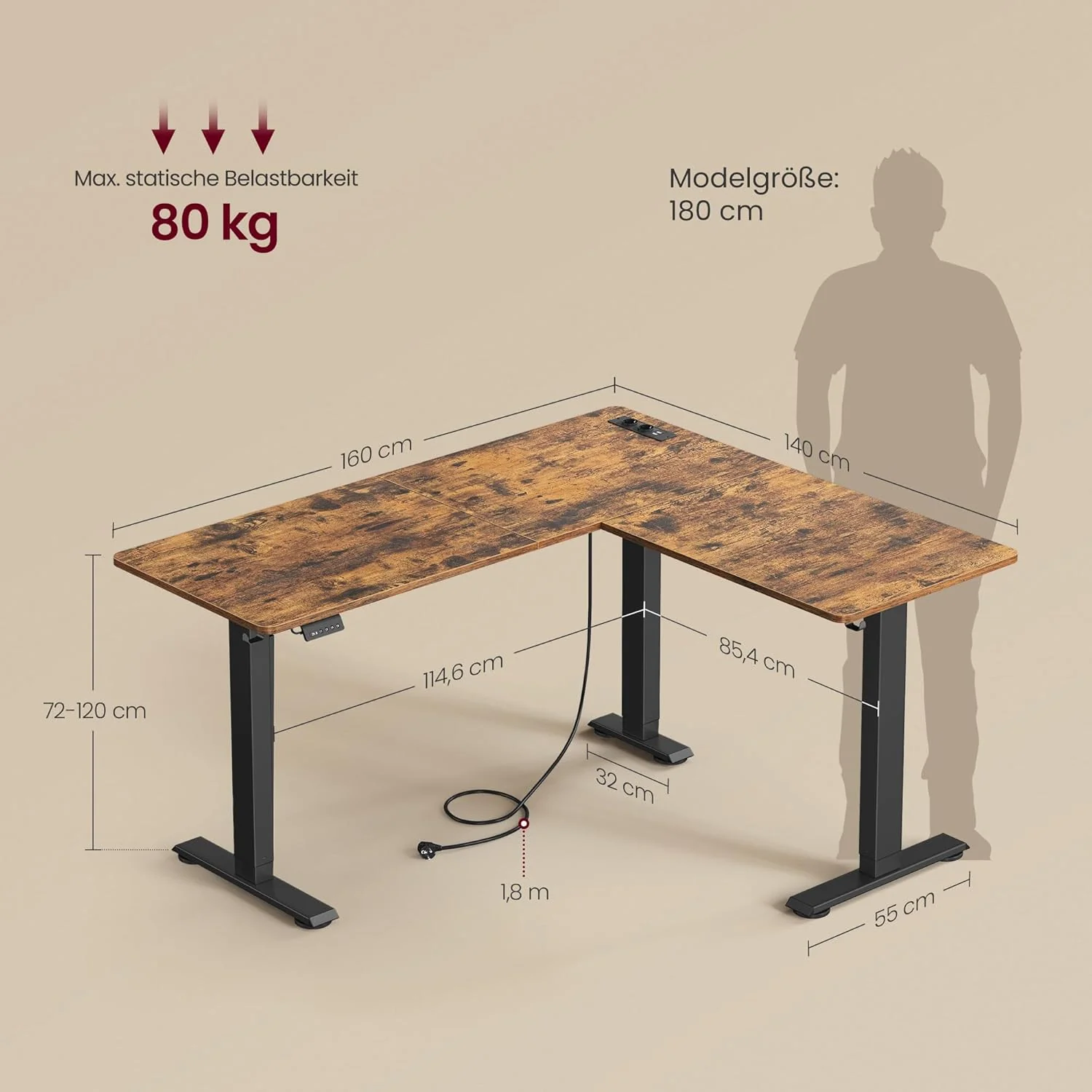 Elektrisch Verstelbaar Hoekbureau – L-Vormig – 140 x 160 cm – Ingebouwde Stopcontact en USB – Geheugenfunctie – 72-120 cm Hoogte - Image 5