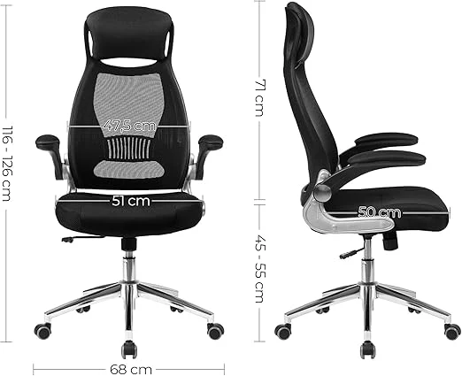 Ergonomische Bureaustoel Zwart – Met Netrug, Hoofdsteun & Opklapbare Armleuningen – Tot 150 kg Draagvermogen - Image 6