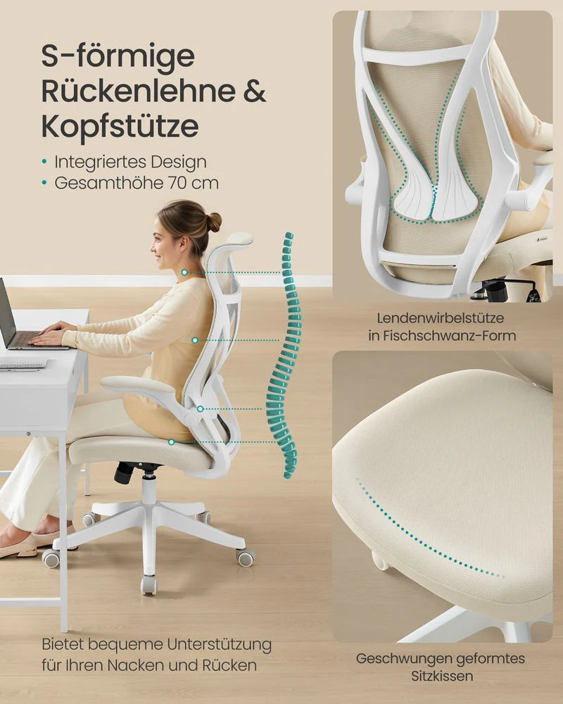 Ergonomische Bureaustoel – Met Hoofdsteun, Lendensteun en Opvouwbare Armleuningen – S-vormige Rugleuning – Tot 150 kg Draagvermogen - Image 4