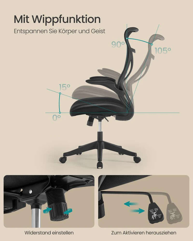 Ergonomische Bureaustoel – Met Hoofdsteun, Lendensteun en Opvouwbare Armleuningen – S-vormige Rugleuning – Tot 150 kg Draagvermogen - Image 6