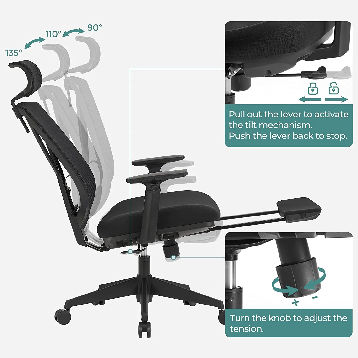 Ergonomische Bureaustoel met Voetensteun – Mesh Rugleuning – Verstelbare Lendensteun en Hoofdsteun – 150 kg Draagvermogen - Image 4