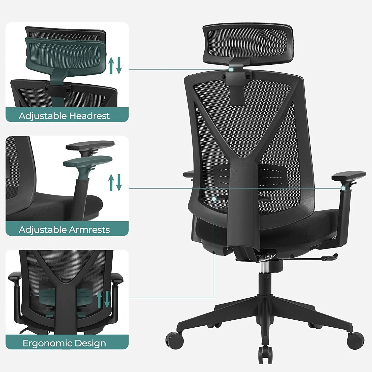 Ergonomische Bureaustoel met Voetensteun – Mesh Rugleuning – Verstelbare Lendensteun en Hoofdsteun – 150 kg Draagvermogen - Image 6
