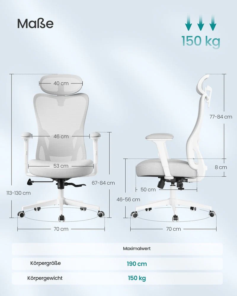Ergonomische Bureaustoel – Verstelbare Lendensteun – Ademend Netweefsel – Kantelfunctie – Draagvermogen 150 kg - Image 6