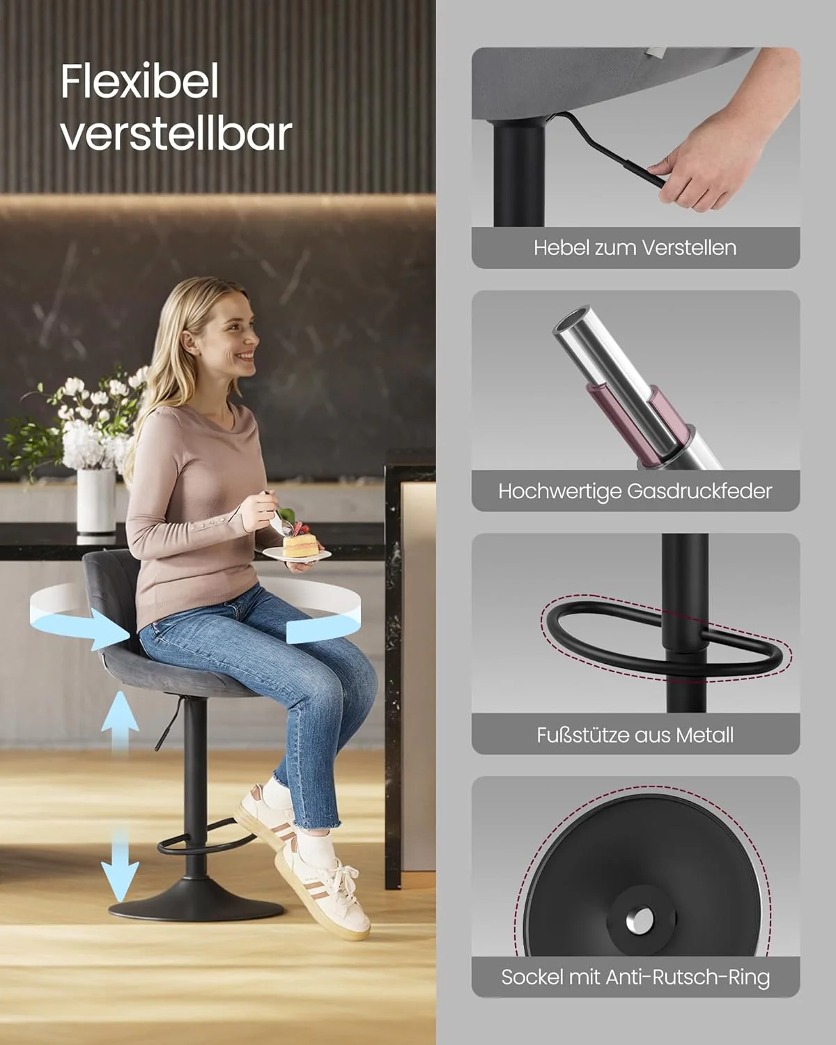 Fluwelen Barkrukken Set van 2 – In Hoogte Verstelbaar & 360° Draaibaar – Met Rugleuning En Voetsteun - Image 7