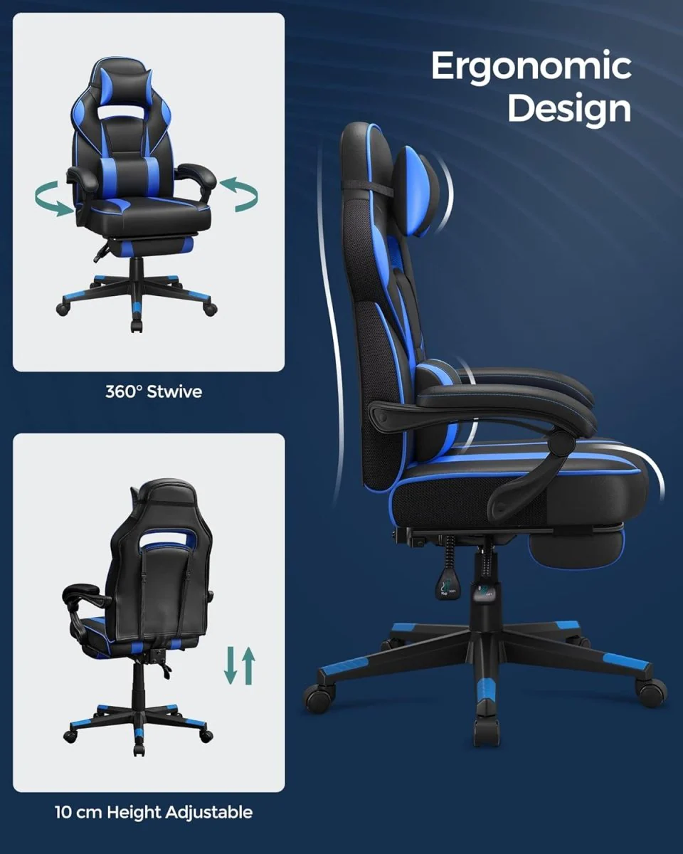 Gamestoel - Ergonomische Gamingstoel - Verstelbaar Bureaustoel - Hoofdkussen en Voetensteun - Image 3