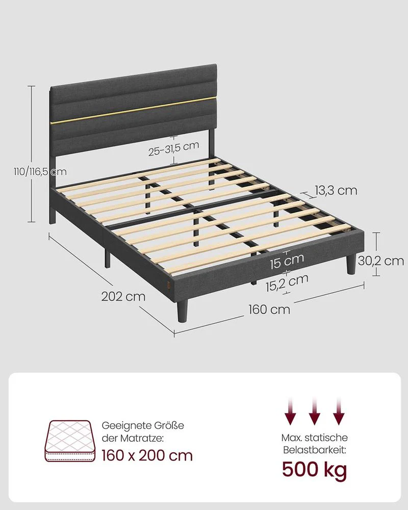Gestoffeerd Bedframe – Leigrijs – In Hoogte Verstelbaar Hoofdbord – Robuuste Constructie - Image 10