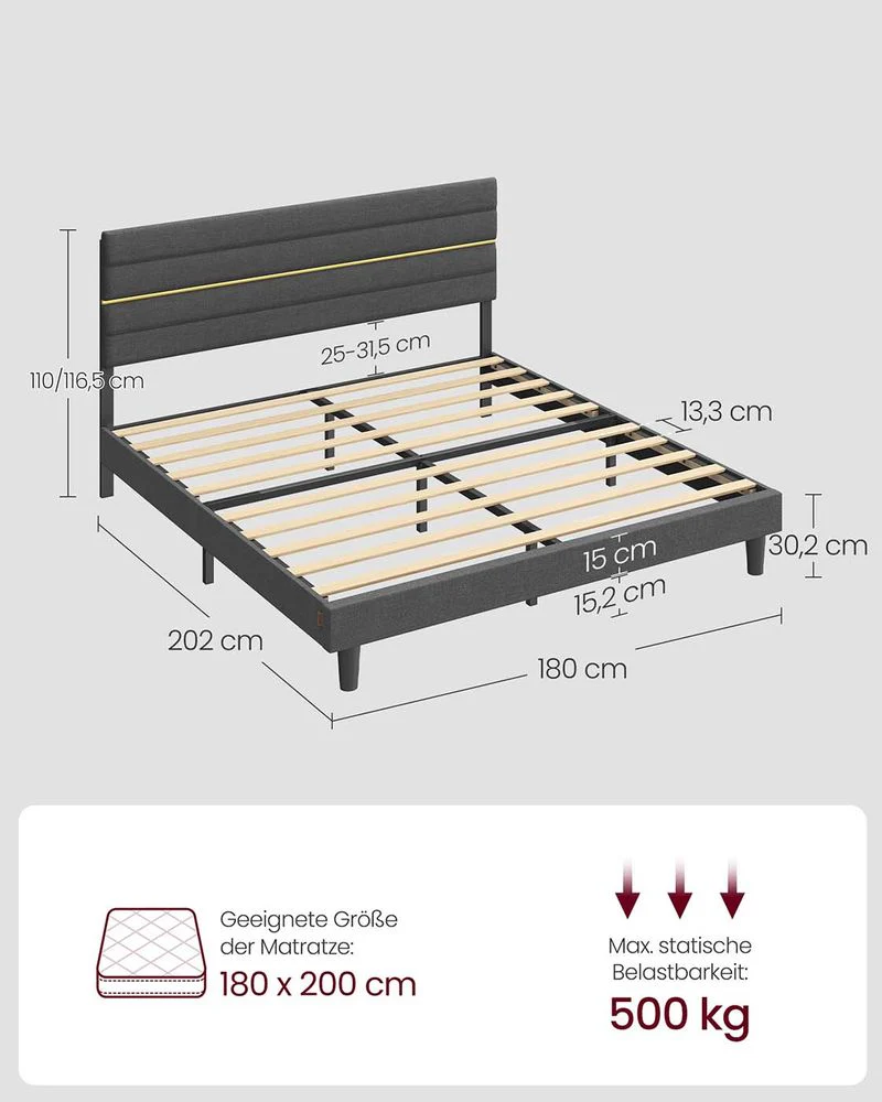 Gestoffeerd Bedframe – Leigrijs – In Hoogte Verstelbaar Hoofdbord – Robuuste Constructie - Image 11