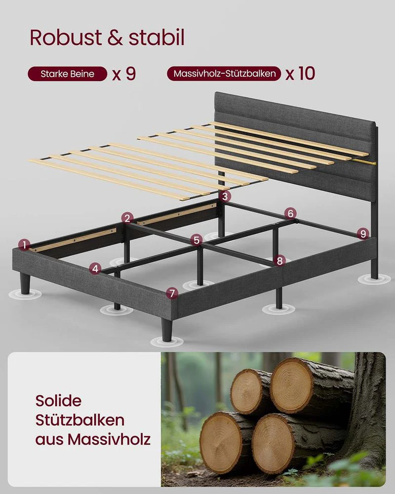 Gestoffeerd Bedframe – Leigrijs – In Hoogte Verstelbaar Hoofdbord – Robuuste Constructie - Image 6
