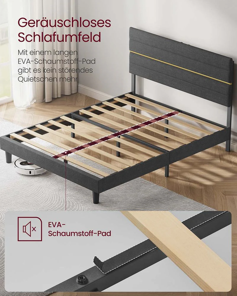 Gestoffeerd Bedframe – Leigrijs – In Hoogte Verstelbaar Hoofdbord – Robuuste Constructie - Image 7