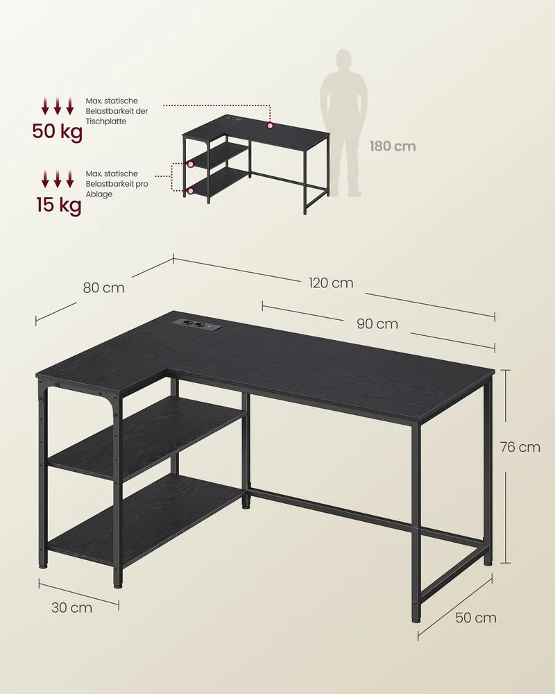 Hoekbureau L-Vorm Met Opbergruimte – Bureau Met Stopcontacten – Computerbureau Voor Thuiswerkplek - Image 8