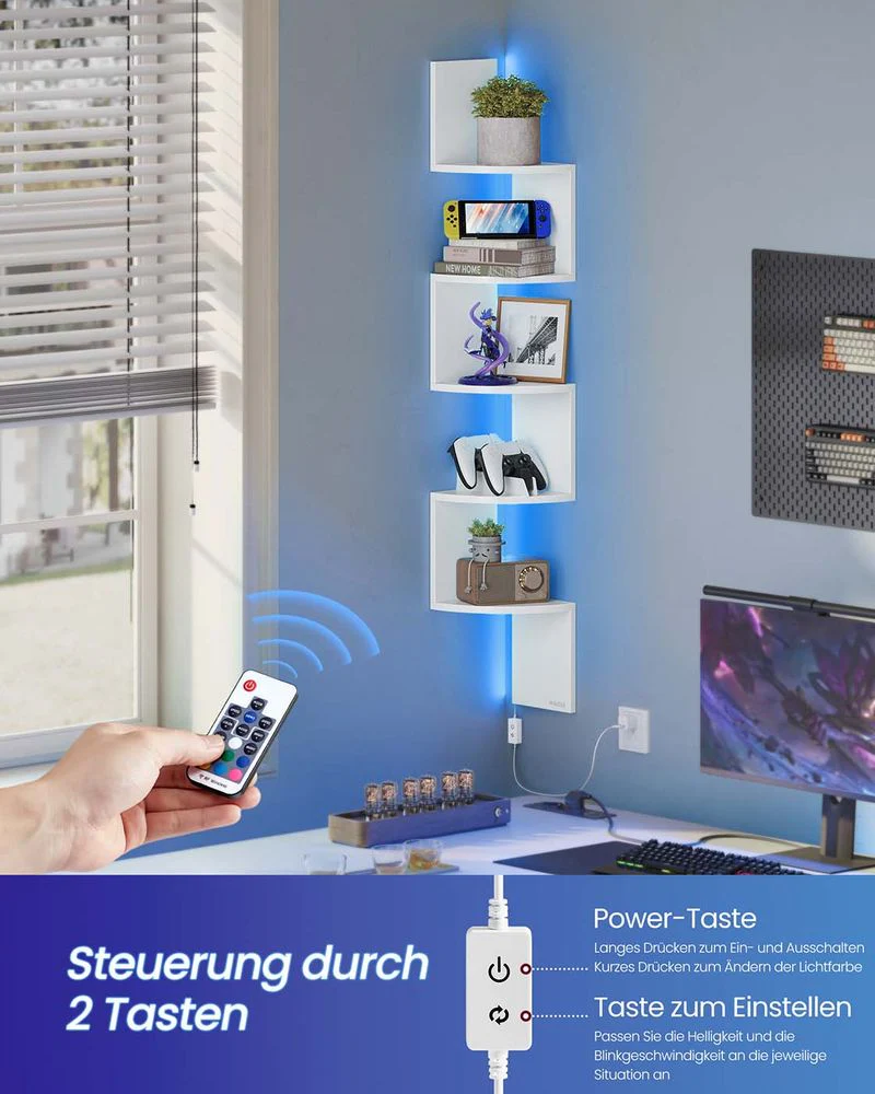 Hoekrek Met LED-Verlichting en Zigzagontwerp – 5 Niveaus, Sfeervolle Verlichting en Ruimtebesparend Ontwerp - Image 5