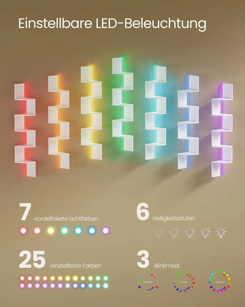 Hoekrek Met LED-Verlichting en Zigzagontwerp – 5 Niveaus, Sfeervolle Verlichting en Ruimtebesparend Ontwerp - Image 6