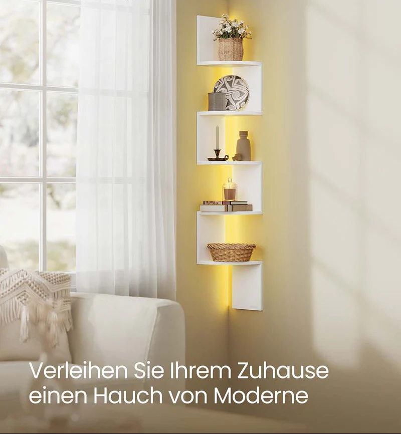 Hoekrek Met LED-Verlichting en Zigzagontwerp – 5 Niveaus, Sfeervolle Verlichting en Ruimtebesparend Ontwerp - Image 7