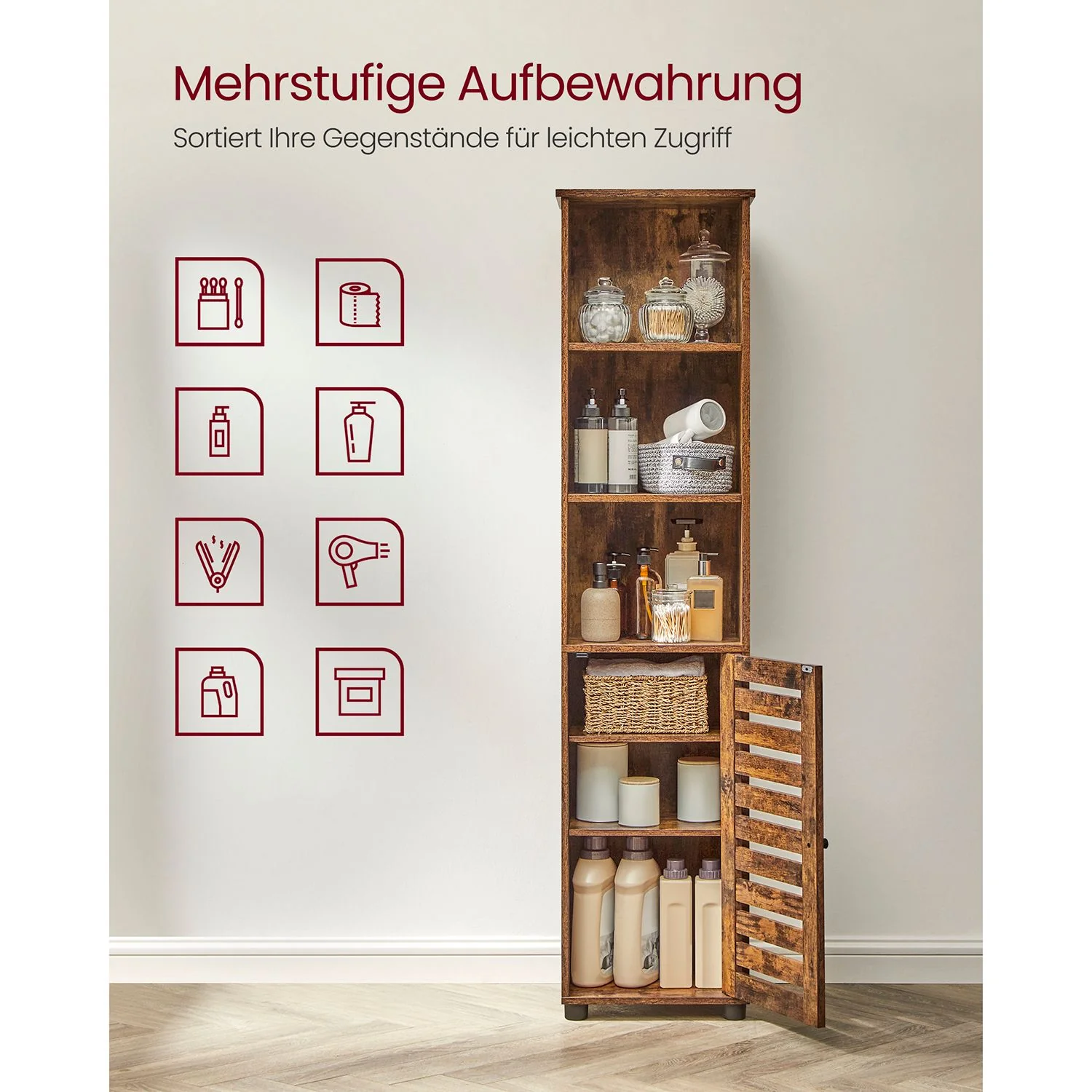 Hoge Opbergkast met Deur en Open Vakken – Industrieel Design – 167 cm Hoog – Rustiek Bruin - Image 2