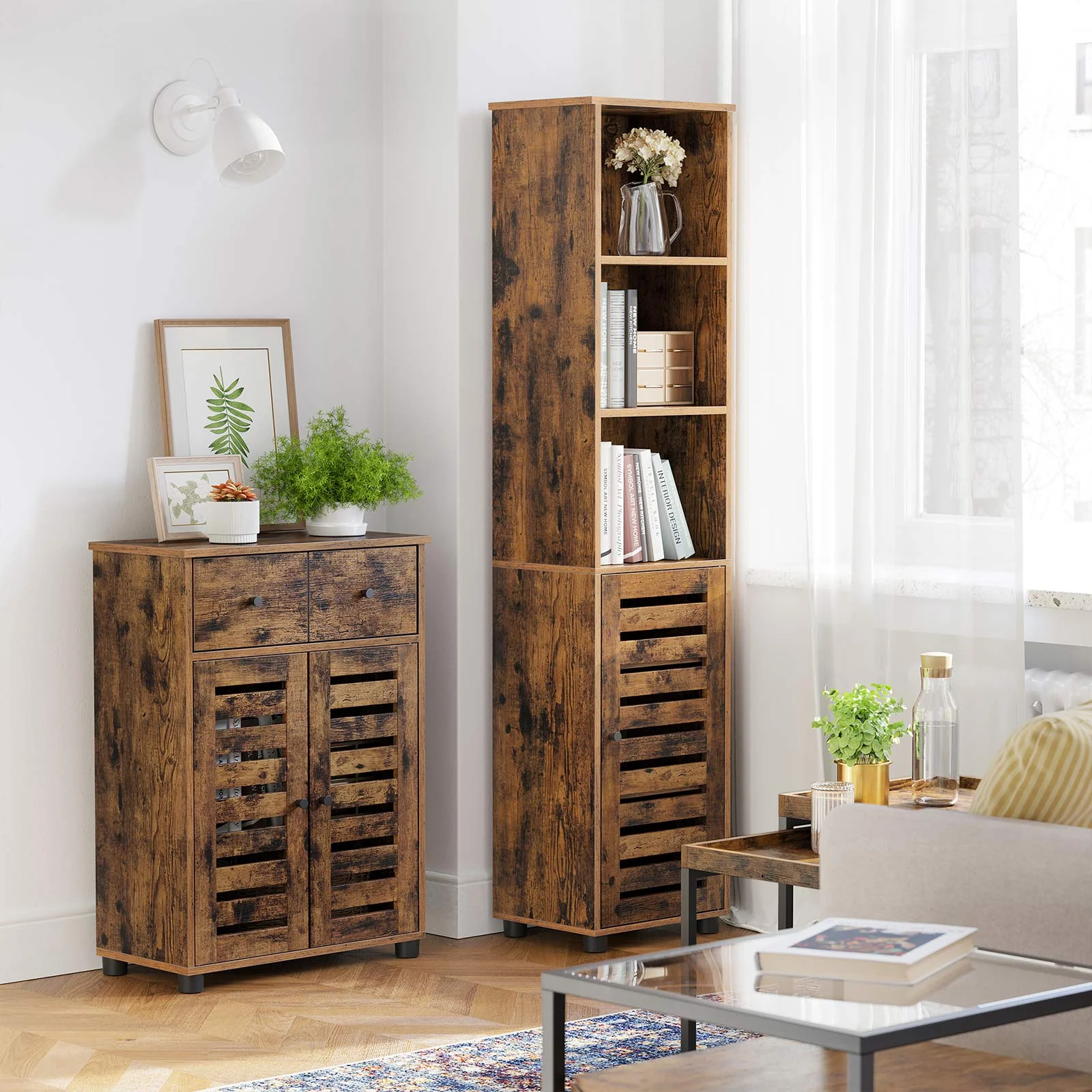 Hoge Opbergkast met Deur en Open Vakken – Industrieel Design – 167 cm Hoog – Rustiek Bruin - Image 3