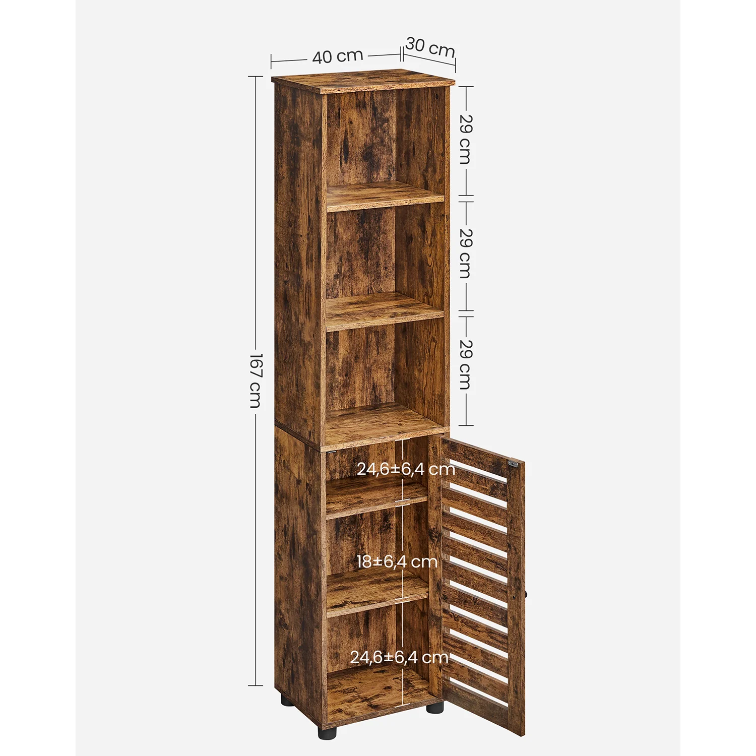 Hoge Opbergkast met Deur en Open Vakken – Industrieel Design – 167 cm Hoog – Rustiek Bruin - Image 6