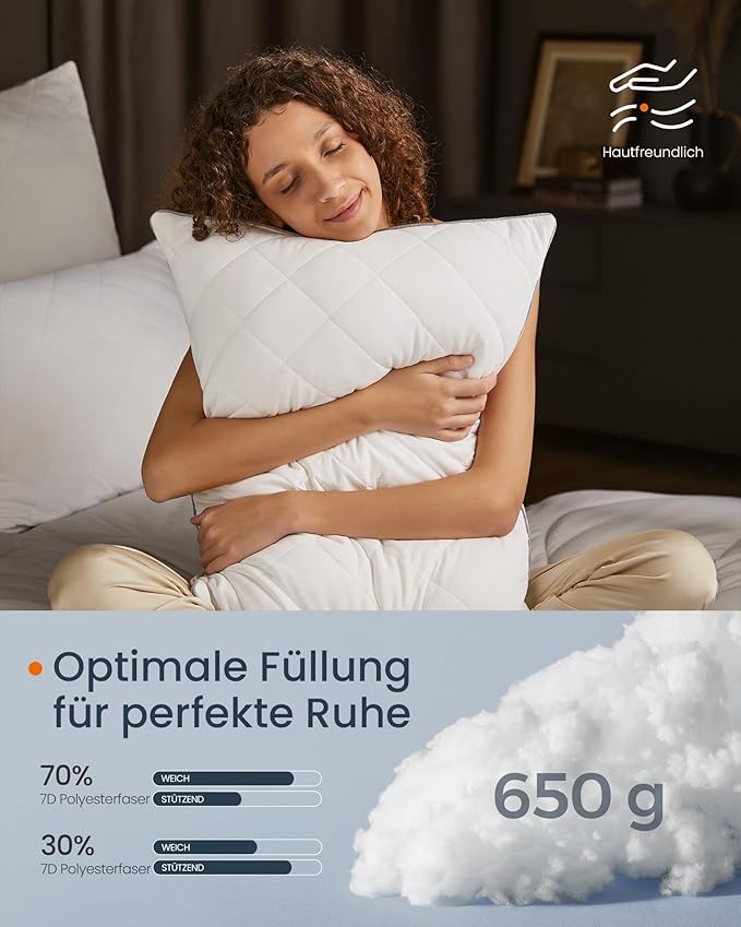 Hoofdkussen Set van 2 – 80 x 40 cm – Zomer- en Winterzijde – Ademend – 650 g Vulling – Machinewasbaar – Wit - Image 5