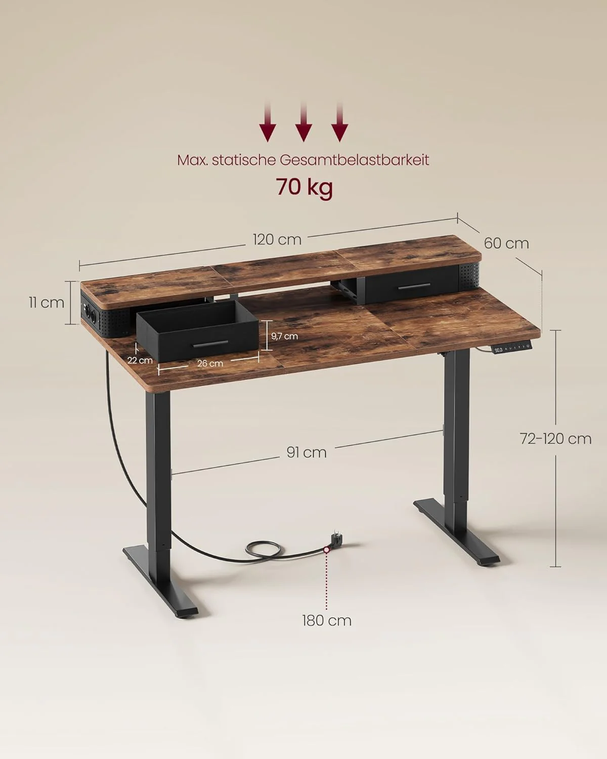 In Hoogte Verstelbaar Bureau – Elektrisch – Met Geheugenfunctie, Monitorstandaard En Stopcontact - Image 4