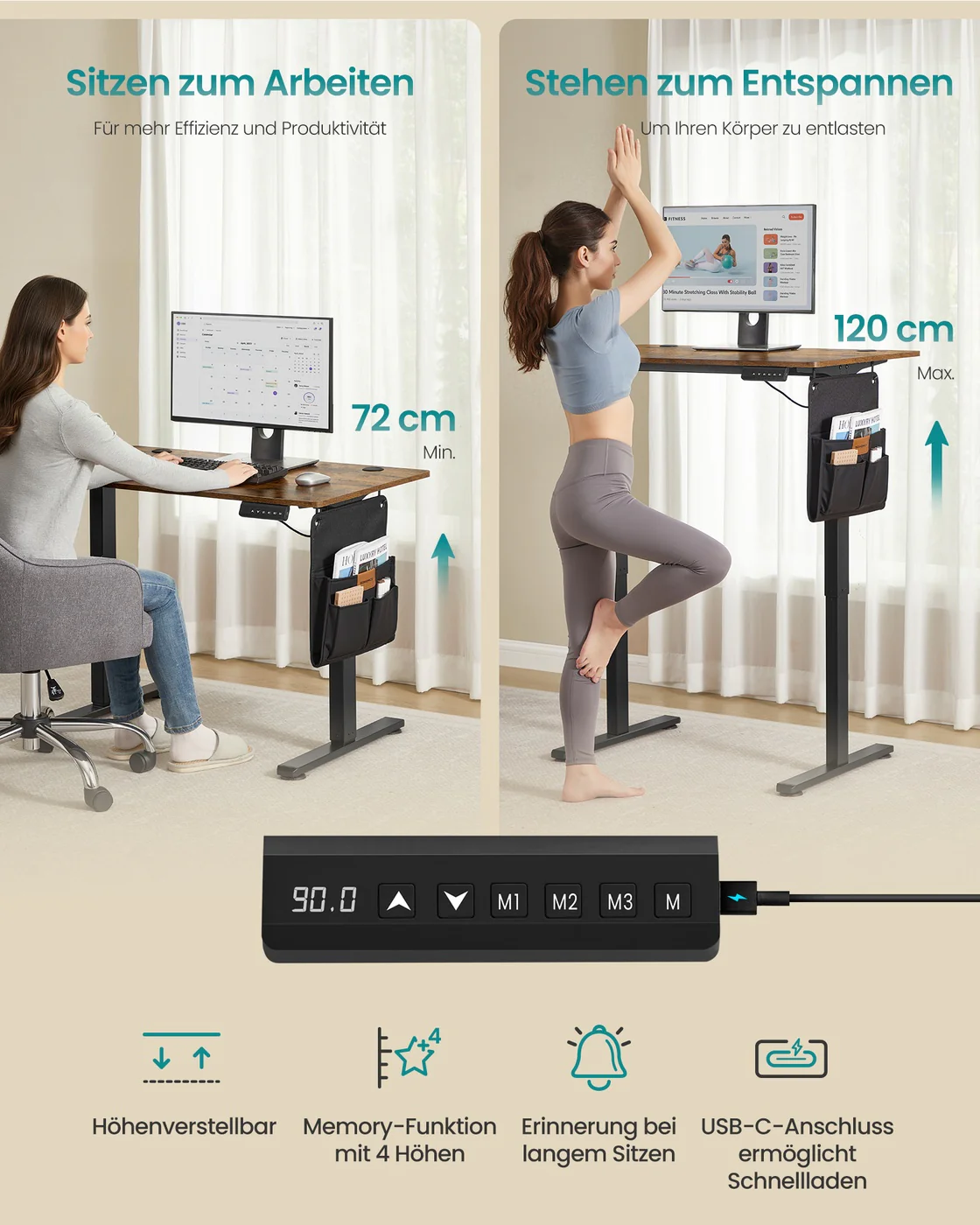 In hoogte verstelbaar bureau – Elektrisch – Geheugenfunctie voor 4 hoogtes – 100 x 60 x (72-120) cm - Image 3