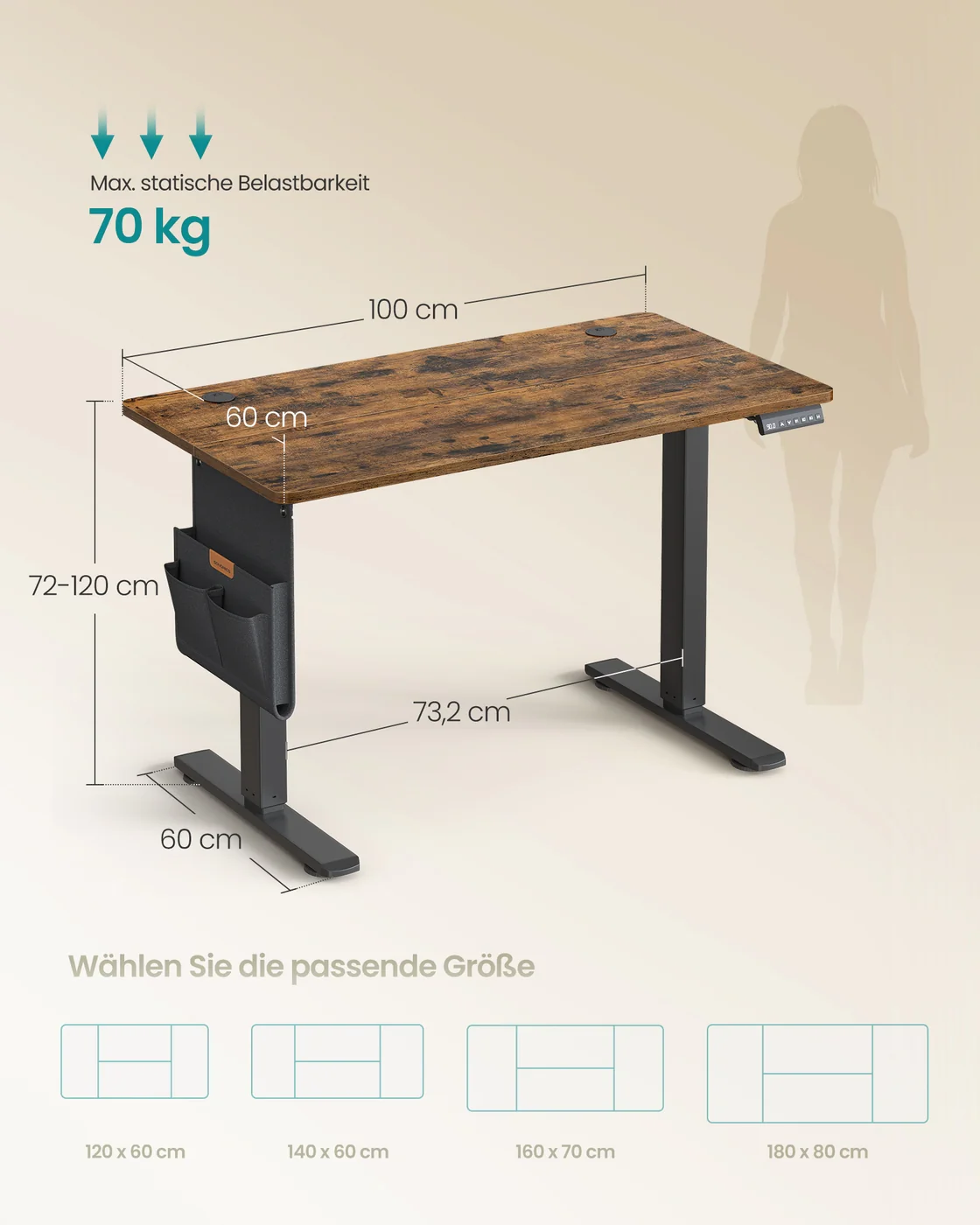 In hoogte verstelbaar bureau – Elektrisch – Geheugenfunctie voor 4 hoogtes – 100 x 60 x (72-120) cm - Image 7