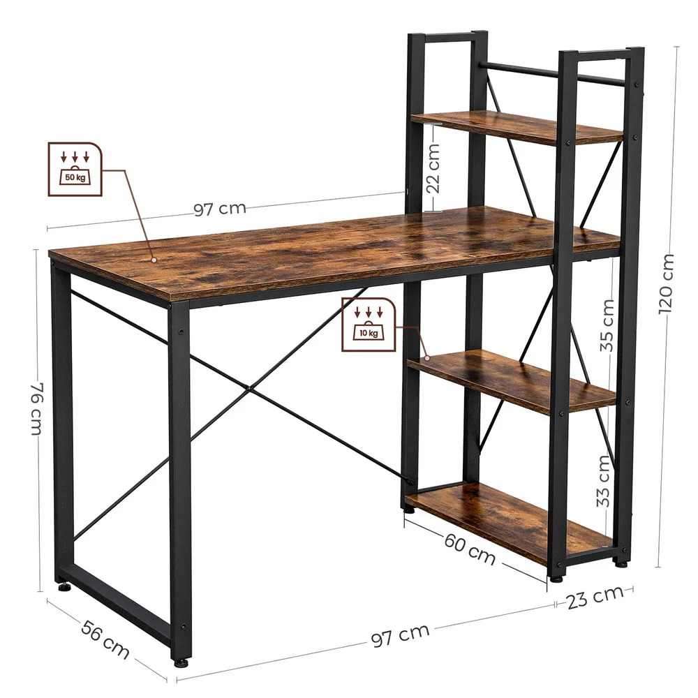 Industrieel Bureau met 3 Legplanken – 120 cm – Rechts of Links Monteerbaar – Verstelbare Voeten – Tot 50 kg Draagvermogen - Image 11