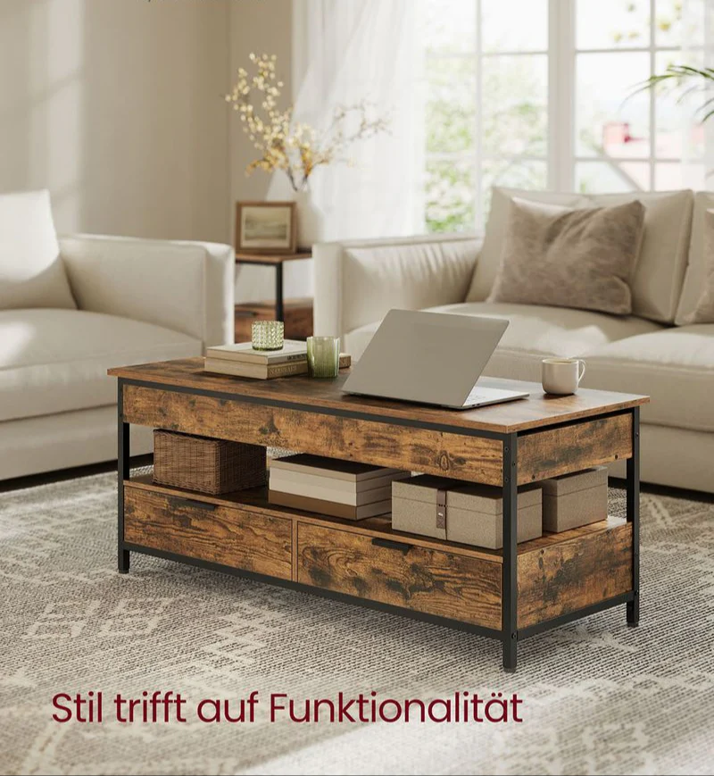 Industrieel Verstelbaar Salontafel met Lift-Top – 120 x 50 cm – Met Lades en Verborgen Opbergruimte - Image 3