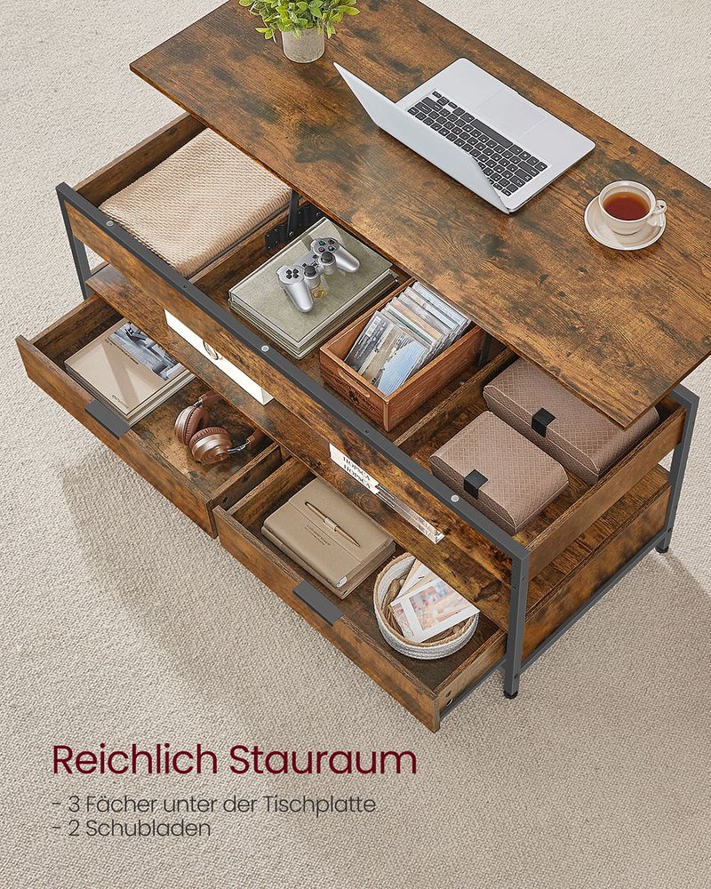 Industrieel Verstelbaar Salontafel met Lift-Top – 120 x 50 cm – Met Lades en Verborgen Opbergruimte - Image 4