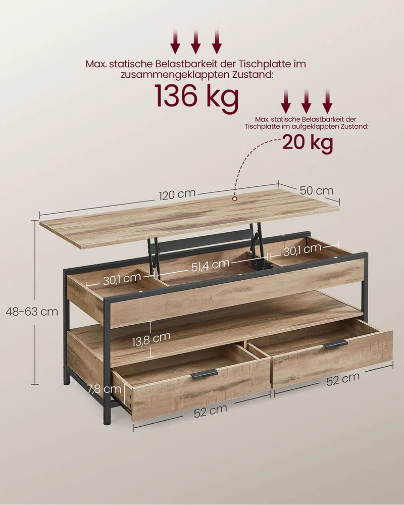 Industrieel Verstelbaar Salontafel met Lift-Top – 120 x 50 cm – Met Lades en Verborgen Opbergruimte - Image 6