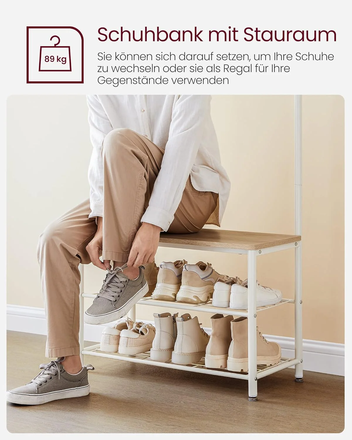 Kapstok met Bank – 3-in-1 Garderoberek – Jassen, Schoenen & Zitbank – 70 x 32 x 175 cm - Image 11