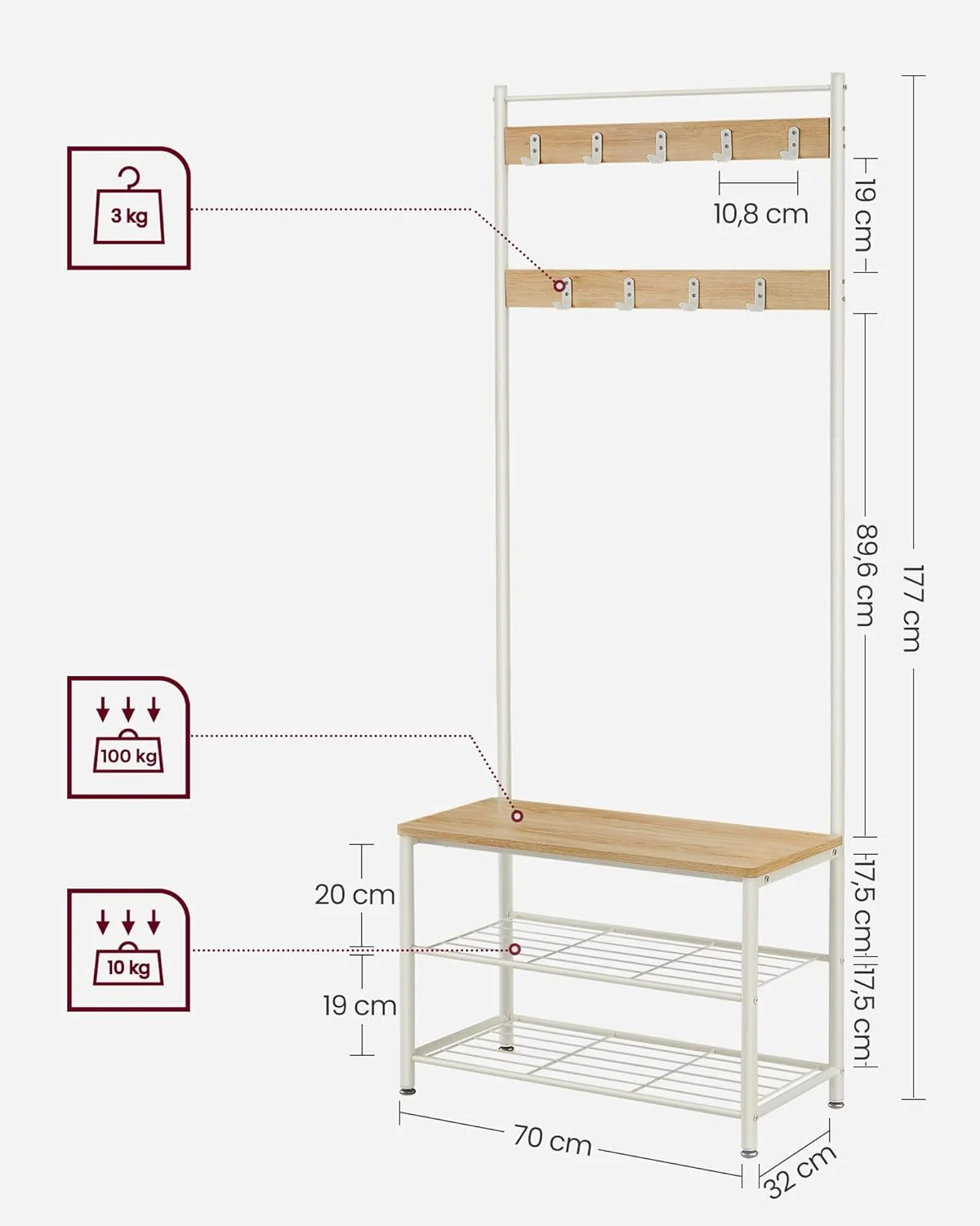 Kapstok met Bank – 3-in-1 Garderoberek – Jassen, Schoenen & Zitbank – 70 x 32 x 175 cm - Image 6