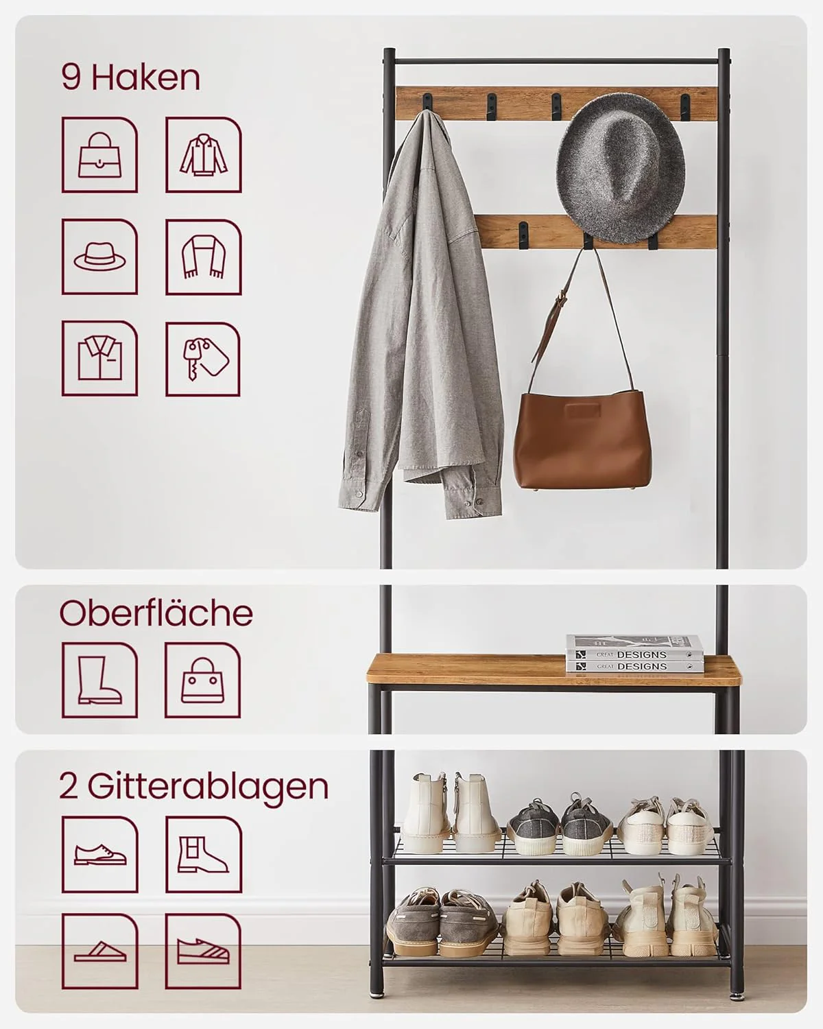 Kapstok met Bank – 3-in-1 Garderoberek – Jassen, Schoenen & Zitbank – 70 x 32 x 175 cm - Image 8