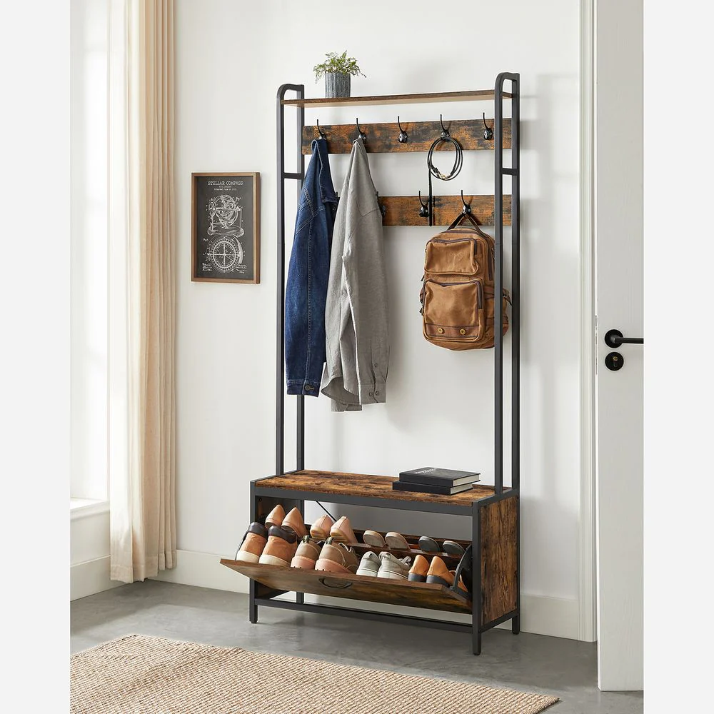 Kapstok met Bank & Schoenenkast – Industrieel Design – 4-in-1 Halmeubel 85 cm - Image 3