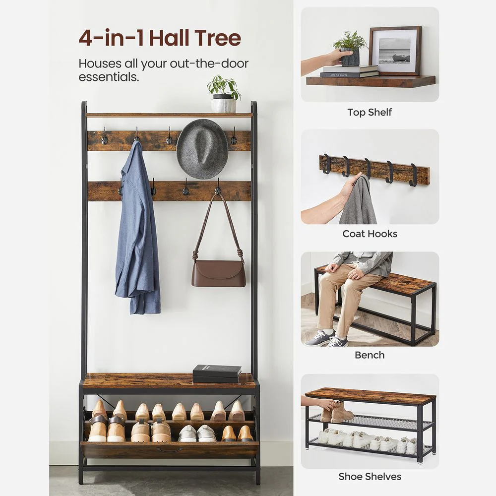 Kapstok met Bank & Schoenenkast – Industrieel Design – 4-in-1 Halmeubel 85 cm - Image 4
