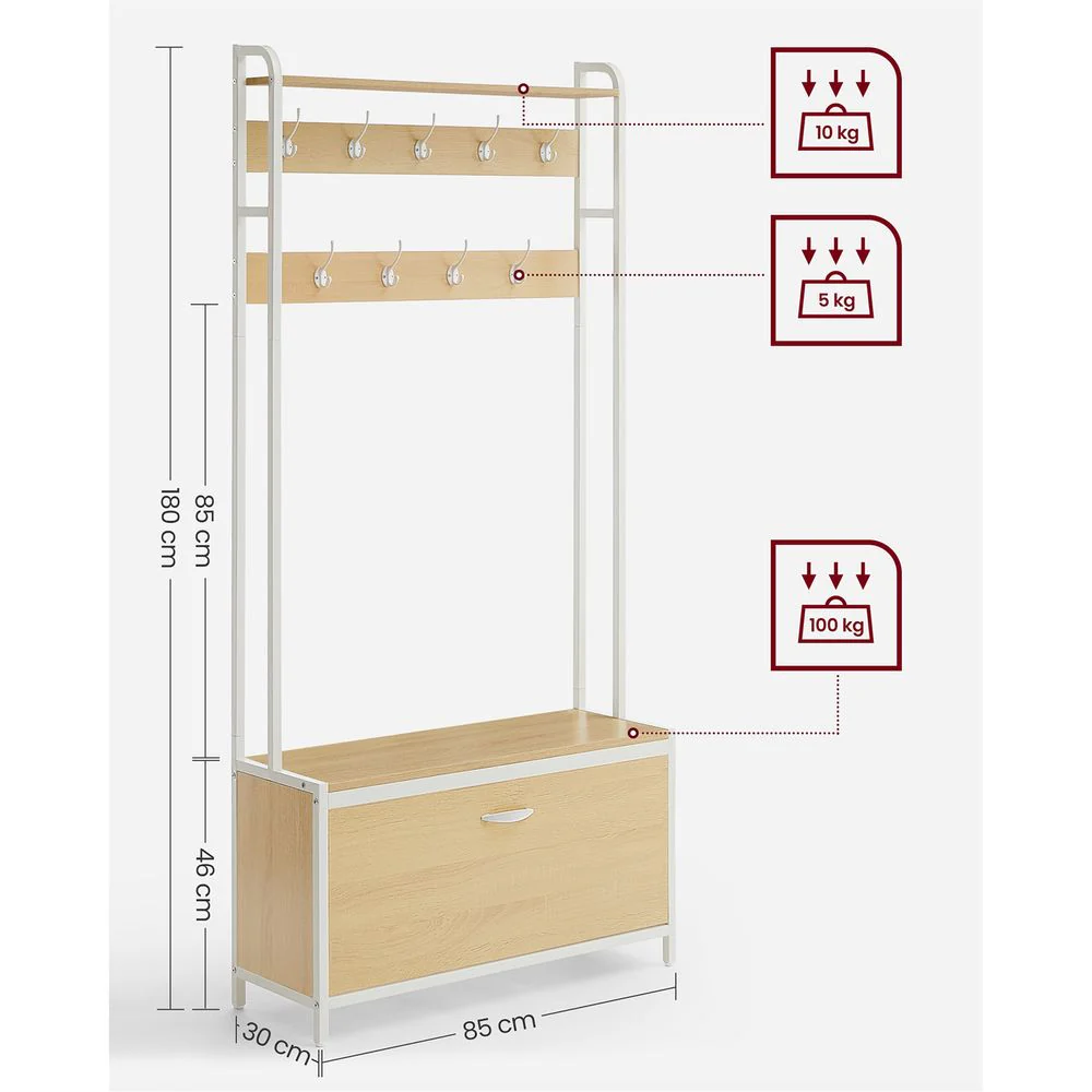 Kapstok met Bank & Schoenenkast – Industrieel Design – 4-in-1 Halmeubel 85 cm - Image 7