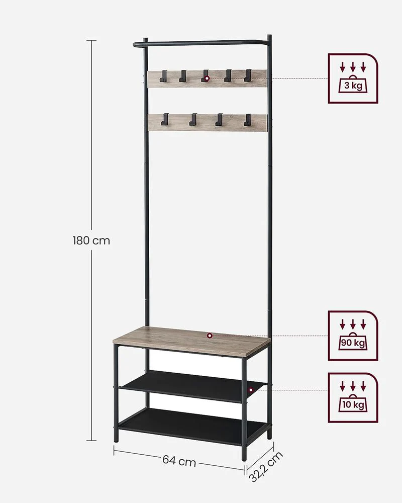 Kapstok met Bankje – 3-in-1 Kledingrek – 9 Haken, 2 Planken en Zitbank - Image 6