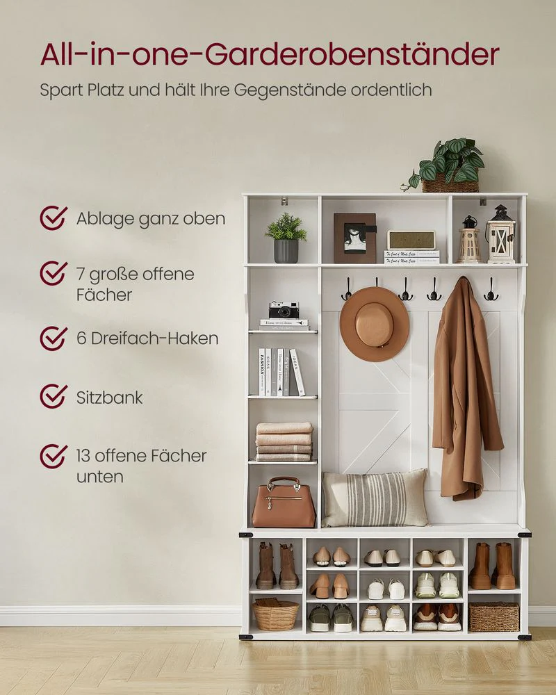 Kapstok met Schoenenrek – 4-in-1 Entree Meubel – Zitbank, Planken en Haken – 130 cm breed – Wit – Landelijke Stijl - Image 3