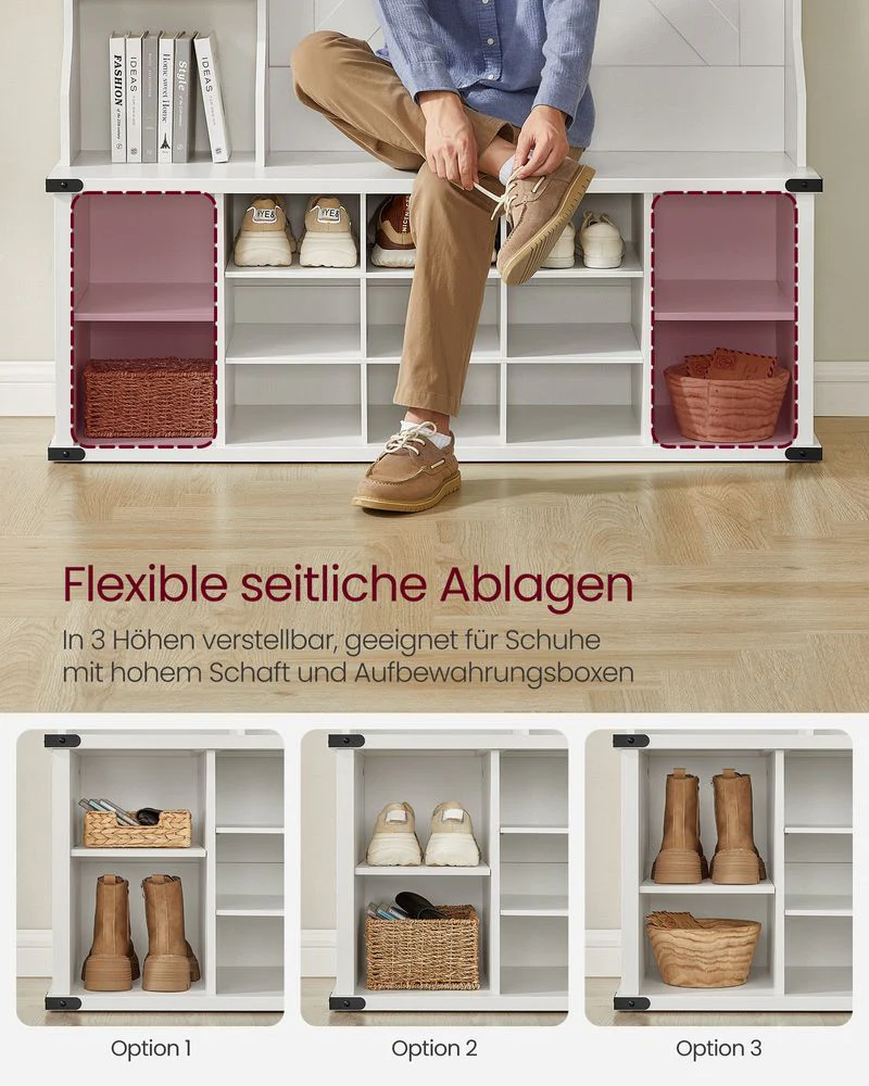 Kapstok met Schoenenrek – 4-in-1 Entree Meubel – Zitbank, Planken en Haken – 130 cm breed – Wit – Landelijke Stijl - Image 4