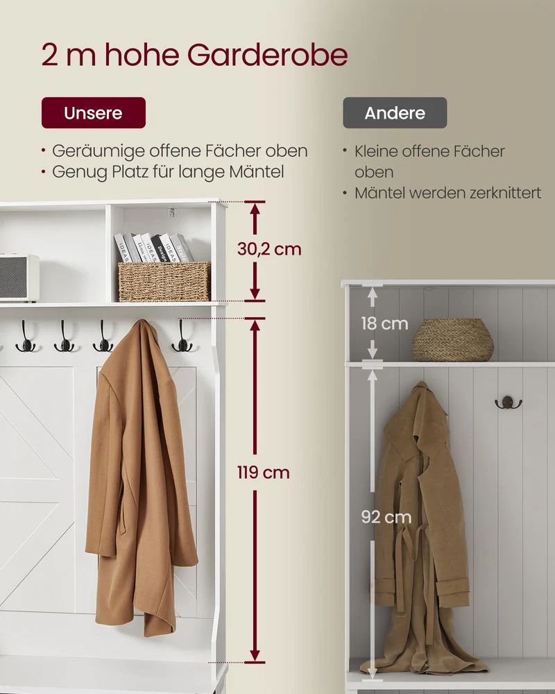 Kapstok met Schoenenrek – 4-in-1 Entree Meubel – Zitbank, Planken en Haken – 130 cm breed – Wit – Landelijke Stijl - Image 5