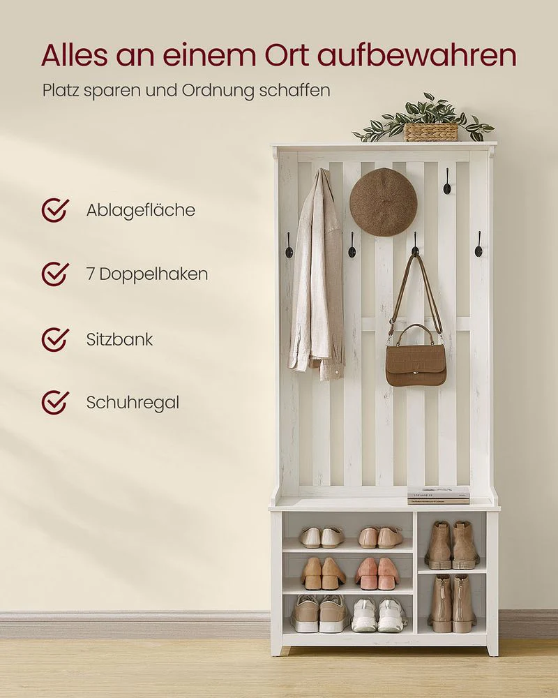 Kapstok met Schoenenrek en Bankje - 7 Dubbele haken en verstelbare planken - Image 3