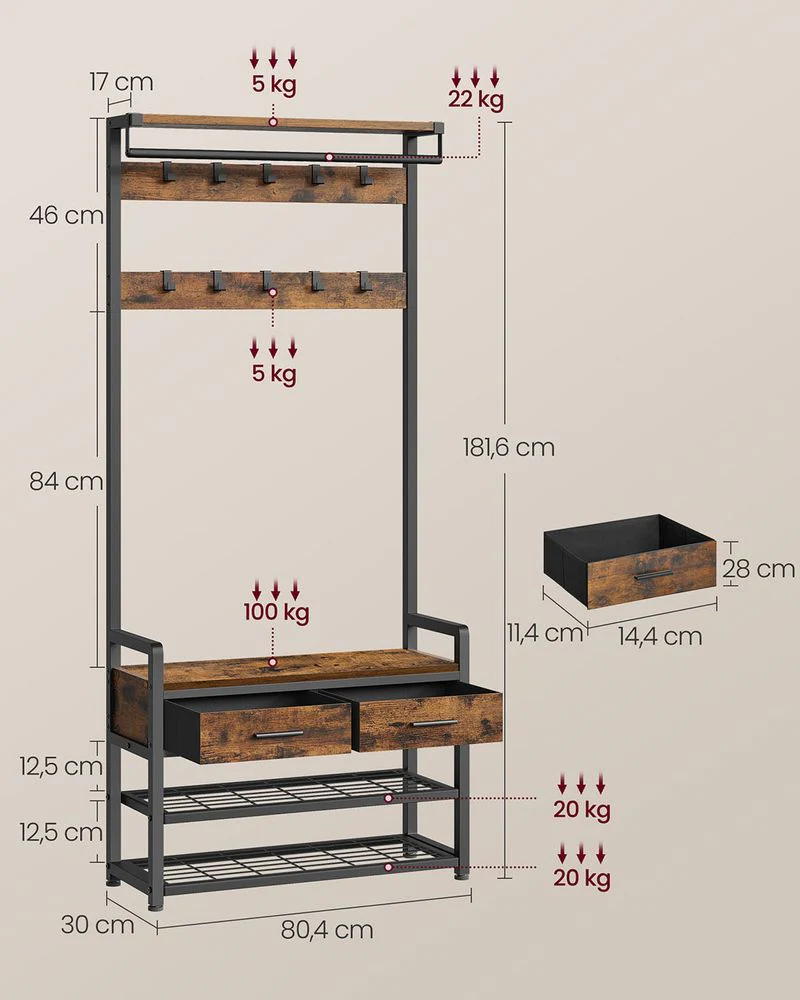 Kapstok met Schoenenrek, Lades en Kledingroede – 6-in-1 Halmeubel - Image 6